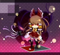 Rule 34 | 1girl, adapted costume, bad id, bad pixiv id, bow, brown hair, chibi, detached sleeves, female focus, food-themed hair ornament, gradient background, hair bow, hair ornament, hakurei reimu, halloween, pink background, pumpkin hair ornament, purple background, red bow, red eyes, ria (rilpoppo), short hair, solo, touhou