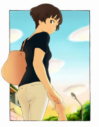 Rule 34 | 00s, 1boy, 1girl, age difference, ass, bad id, bad pixiv id, bag, black shirt, blouse, bob cut, brown eyes, brown hair, cloud, day, from behind, from below, gake no ue no ponyo, holding hands, jas (littlecrime), light smile, lisa (ponyo), looking back, mother and son, outdoors, pov, revision, shirt, short hair, size difference, sky, smile, solo focus, sosuke, standing, studio ghibli