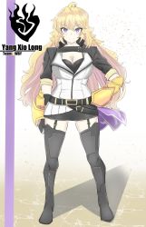 Rule 34 | 1girl, blonde hair, breasts, cleavage, hand on own hip, highres, large breasts, long hair, rwby, smile, yang xiao long