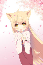 Rule 34 | &gt; &lt;, 1girl, :d, absurdres, animal ears, blonde hair, blush, commentary request, fang, fox ears, fox girl, fox tail, gradient background, hair between eyes, hands up, highres, japanese clothes, kimono, konohana kitan, long hair, long sleeves, looking at viewer, obi, open mouth, own hands together, petals, pink background, pink kimono, red skirt, sash, simple background, skirt, smile, solo, standing, tail, translated, very long hair, white background, wide sleeves, xd, xiaosamiao, yellow eyes, yuzu (konohana kitan)