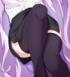 Rule 34 | 1girl, bed sheet, black skirt, black thighhighs, blue archive, center frills, commentary request, feet out of frame, frills, highres, hina (blue archive), legs, lower body, lying, nenosame, on back, pencil skirt, ribbed shirt, shirt, skirt, solo, thighhighs, white shirt
