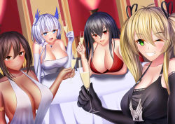 Rule 34 | 4girls, absurdres, ahoge, alcohol, alternate costume, armlet, azur lane, backless outfit, bad id, bad pixiv id, bare shoulders, black dress, black gloves, black hair, blonde hair, blue eyes, blush, breasts, brown eyes, champagne, champagne flute, cleavage, cocktail dress, commentary request, crossed bangs, cup, dark-skinned female, dark skin, dining room, dress, drinking glass, earrings, elbow gloves, gloves, green eyes, grin, hair between eyes, highres, hornet (azur lane), hornet (bubbly anniversary!) (azur lane), huge breasts, illustrious (azur lane), illustrious (illustrious ball) (azur lane), jewelry, kazuki9487, large breasts, long hair, looking at viewer, multiple girls, native american, open mouth, red dress, red eyes, silver hair, smile, south dakota (azur lane), south dakota (solo concert) (azur lane), strapless, strapless dress, table, tablecloth, taihou (azur lane), taihou (forbidden feast) (azur lane), twintails, very long hair, white dress