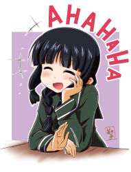 Rule 34 | 10s, 1girl, ^ ^, afterimage, black hair, blush, braid, clapping, closed eyes, green shirt, hair over shoulder, happy tears, head rest, head tilt, highres, kantai collection, kitakami (kancolle), laughing, long sleeves, mitsuki (mitsukitei), open mouth, purple background, school uniform, serafuku, shirt, simple background, single braid, smile, solo, table, tears