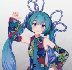 Rule 34 | 1girl, aqua hair, aqua necktie, armpits, bare shoulders, blue eyes, blush, commentary, detached sleeves, english commentary, eyulam, graffiti, graffiti print, hair ornament, hand on own hip, hand up, hatsune miku, hatsune miku expo, headphones, headset, highres, long hair, looking at viewer, microphone, mixed-language commentary, necktie, rope, shirt, sleeveless, sleeveless shirt, smile, solo, thumbs up, twintails, upper body, very long hair, vocaloid