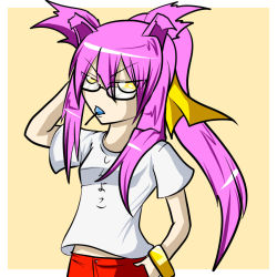 Rule 34 | 1girl, angry, animal ears, arc system works, bell, belt, blazblue, bracelet, cat ears, cat girl, female focus, glasses, jewelry, kokonoe (blazblue), long hair, midriff, mouth hold, pink hair, ponytail, scientist, solo, yellow eyes, yosibou