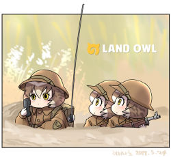 Rule 34 | brown coat, brown hair, character name, coat, collared jacket, commentary, dated, emblem, gun, helmet, jacket, japari symbol, kemono friends, looking at another, multicolored hair, original, photo-referenced, radio antenna, roonhee, short hair, weapon, yellow eyes