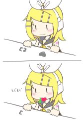 Rule 34 | 2koma, :3, bare shoulders, black collar, black sleeves, blonde hair, blush, bow, chibi, collar, comic, detached sleeves, eating, hair bow, hair ornament, hairclip, hand on table, headphones, heart, highres, kagamine rin, meme, moomlin, mouth hold, neckerchief, sailor collar, shirt, short hair, shoulder tattoo, swept bangs, tattoo, translated, treble clef, twitter, upper body, vocaloid, white background, white bow, white shirt, yellow neckerchief, | |
