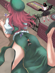 Rule 34 | 5girls, ^^^, ass, beret, between buttocks, black footwear, black hair, blonde hair, blue hair, blush, bow, brick wall, chinese clothes, cirno, daiyousei, dress, flower, flying, fountain, from behind, gate, geta, giant, giantess, green dress, green hair, hair bow, hat, hong meiling, legs up, long hair, lying, multiple girls, on stomach, puffy sleeves, red hair, rumia, scarlet devil mansion, shameimaru aya, shoe soles, shoes, short hair, slippers, surprised, sweatdrop, tokin hat, touhou, utopia, wall, wings
