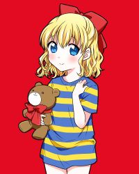 Rule 34 | 1girl, blonde hair, blue eyes, bow, closed mouth, hair bow, looking at viewer, mother (game), mother 2, nintendo, ouba reiya, paula (mother 2), red background, shirt, short hair, simple background, smile, solo, striped clothes, striped shirt, stuffed animal, stuffed toy, teddy bear