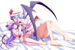 Rule 34 | 2girls, ass, barefoot, bat wings, bed, blue hair, blue ribbon, blunt bangs, blush, bow, breasts, commentary request, dress, dress bow, eichi yuu, feet, girl on top, hat, hat ribbon, kneeling, knees together feet apart, knees up, large breasts, legs, licking lips, light blue hair, long hair, lying, mob cap, multiple girls, on back, parted lips, patchouli knowledge, pink dress, pointy ears, purple eyes, purple hair, red bow, red eyes, red ribbon, remilia scarlet, ribbon, robe, short hair, short sleeves, simple background, soles, striped clothes, striped dress, thighs, toes, tongue, tongue out, touhou, very long hair, white background, wide sleeves, wings, wrist cuffs, yuri