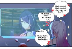 Rule 34 | +++, 2girls, acheron (honkai: star rail), ahoge, alternate costume, closed mouth, commentary, company connection, english commentary, english text, game screenshot, gradient hair, hair over one eye, heart, high ponytail, highres, honkai: star rail, honkai (series), honkai impact 3rd, kiana kaslana, kiana kaslana (herrscher of finality), kudayunii, looking at screen, multicolored hair, multiple girls, purple hair, screen, speech bubble, star (symbol), the game awards, upper body, yuri