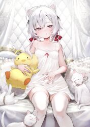 Rule 34 | 1girl, ahoge, animal ears, azur lane, bare shoulders, blush, breasts, cat, cat ears, character doll, collarbone, commentary request, couch, covered navel, fake animal ears, flandre (azur lane), grey eyes, hair between eyes, hair ribbon, hand on own stomach, highres, indoors, kai (ootamuno12), manjuu (azur lane), medium hair, nightgown, on couch, panties, parted lips, pillow, red ribbon, ribbon, sitting, small breasts, smile, thighhighs, twintails, underwear, white cat, white hair, white nightgown, white panties, white thighhighs