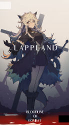Rule 34 | 1girl, absurdres, animal ears, arknights, text background, bare legs, black coat, black dress, black footwear, black gloves, blood, boots, character name, coat, commentary request, dress, english text, full body, gloves, grey eyes, hand up, highres, holding, holding sword, holding weapon, lappland (arknights), lappland (refined horrormare) (arknights), long hair, looking to the side, mongarit, official alternate costume, open clothes, open coat, planted, planted sword, planted weapon, scar, scar across eye, scar on face, sharp teeth, shirt, short dress, silver hair, smile, solo, standing, sword, teeth, weapon, white shirt, wolf ears