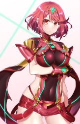 Rule 34 | 1girl, black gloves, breasts, chest jewel, covered navel, cowboy shot, earrings, fingerless gloves, gloves, highres, jewelry, large breasts, parted lips, pyra (xenoblade), red eyes, red hair, red shorts, shinae, short hair, short shorts, shorts, solo, swept bangs, tiara, xenoblade chronicles (series), xenoblade chronicles 2