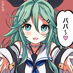 Rule 34 | 10s, 1girl, :d, artist name, bad hands, black ribbon, blue eyes, blue neckerchief, blush, choker, collarbone, detached sleeves, green hair, hair between eyes, hair ornament, hair ribbon, hairclip, heart, kantai collection, long hair, looking at viewer, neckerchief, open mouth, ponytail, reaching, reaching towards viewer, red background, ribbon, school uniform, serafuku, simple background, smile, solo, speech bubble, spoken heart, takahiro (rikky), yamakaze (kancolle)