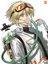 Rule 34 | 1boy, blonde hair, commentary request, extraspiky, gloves, goggles, goggles on head, green eyes, highres, jacket, looking at viewer, male focus, original, oxygen mask, oxygen tank, plant, white background, white gloves, white jacket