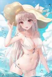 Rule 34 | 1girl, arm up, armpits, bad id, bad twitter id, bare shoulders, bikini, breasts, cleavage, cloud, collarbone, commentary, cowboy shot, day, front-tie bikini top, front-tie top, groin, halterneck, hand on headwear, hat, highres, ien 4, large breasts, long hair, looking at viewer, midriff, multi-strapped bikini, navel, open mouth, original, outdoors, pink eyes, sky, sleeveless, solo, stomach, string bikini, sun hat, swimsuit, symbol-only commentary, wading, water, white bikini, white hair