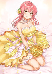 Rule 34 | 1girl, bare shoulders, blush, bouquet, breasts, cleavage, collarbone, dress, earrings, eyelashes, flower, gem, hair flower, hair ornament, highres, idolmaster, idolmaster cinderella girls, idolmaster cinderella girls starlight stage, jewelry, jougasaki mika, long hair, looking at viewer, medium breasts, necklace, parted lips, pearl (gemstone), pink hair, sash, sirurabbit, sitting, smile, solo, wariza, wedding dress, wrist cuffs, yellow dress, yellow eyes