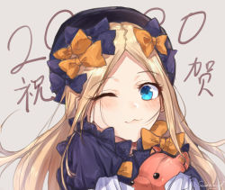 Rule 34 | 1girl, ;3, abigail williams (fate), absurdres, black bow, black hat, blonde hair, blue eyes, blush, bow, dress, fate/grand order, fate (series), hair bow, hat, highres, hugging object, kaer sasi dianxia, long hair, long sleeves, looking at viewer, one eye closed, orange bow, parted bangs, polka dot, polka dot bow, sketch, sleeves past fingers, sleeves past wrists, smile, solo, stuffed animal, stuffed toy, teddy bear, upper body