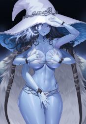 Rule 34 | 1girl, absurdres, alternate breast size, bikini, blue eyes, blue hair, blue skin, breasts, closed mouth, coat, collarbone, colored skin, cracked skin, doll joints, elden ring, extra arms, extra faces, fur coat, hat, highres, jewelry, joints, karmiel, large breasts, lips, looking at viewer, medium hair, one eye closed, ranni the witch, ring, solo, swimsuit, thighs, white bikini, white hat, witch hat
