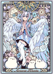 Rule 34 | 1girl, :3, absurdres, amane kanata, angel wings, animal ears, asymmetrical hair, bird, black sash, blue flower, blue kimono, blunt bangs, blush stickers, character name, closed mouth, commentary, detached sleeves, egasumi, eyes visible through hair, feathered wings, floral background, floral print, flower, frilled kimono, frilled sash, frilled sleeves, frills, hair bun, hair flower, hair intakes, hair ornament, hands up, highres, hololive, japanese clothes, kimono, meatbandit, multicolored hair, obi, over-kneehighs, own hands together, platform clogs, platform footwear, print kimono, purple eyes, red flower, ribbon-trimmed sleeves, ribbon trim, sandals, sash, seigaiha, short hair, short kimono, side bun, single hair bun, single side bun, skindentation, sleeveless, sleeveless kimono, solo, streaked hair, tarot, tarot (medium), thighhighs, tsurime, typo, virtual youtuber, white flower, white hair, white thighhighs, white wings, whorled clouds, wide sleeves, wings, x hair ornament, zouri
