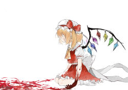 Rule 34 | 1girl, absurdres, artist name, ascot, back bow, blonde hair, blood, blood on face, blood on ground, blood on hands, bow, closed mouth, collared shirt, commentary request, crystal, flandre scarlet, frilled shirt collar, frills, from side, full body, hat, hat bow, highres, kneeling, medium hair, mob cap, niseneko (mofumofu ga ienai), no shoes, profile, puffy short sleeves, puffy sleeves, red bow, red skirt, red vest, shirt, short sleeves, skirt, socks, solo, touhou, vest, white background, white hat, white shirt, white socks, wings, yellow ascot