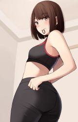 Rule 34 | 1girl, ass, bare arms, bare shoulders, black pants, blush, bob cut, brown eyes, brown hair, closed mouth, commentary request, from behind, hair tie, hair tie in mouth, highres, indoors, kapatarou, looking at viewer, looking back, mouth hold, original, pants, short hair, solo, sports bra, thick eyebrows