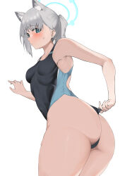 Rule 34 | 1girl, absurdres, adjusting clothes, adjusting swimsuit, animal ear fluff, animal ears, armpits, ass, ass focus, blue archive, blush, breasts, competition swimsuit, extra ears, grey hair, halo, highres, looking at viewer, medium breasts, ndrw7522, one-piece swimsuit, ponytail, shiroko (blue archive), shiroko (swimsuit) (blue archive), simple background, solo, sweatdrop, swimsuit, swimsuit tug, wedgie, white background, wolf ears
