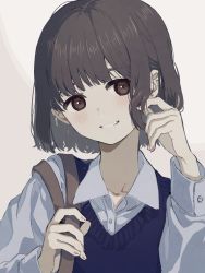 Rule 34 | 1girl, blue sweater vest, brown eyes, brown hair, collared shirt, commentary, earrings, grey background, hana moto, hand in own hair, hand up, highres, jewelry, long sleeves, looking at viewer, original, parted lips, school uniform, shirt, short hair, shoulder strap, smile, solo, stud earrings, sweater vest, white shirt