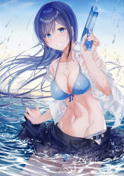 Rule 34 | 1girl, bad id, bad pixiv id, bikini, bikini under clothes, blue bikini, blue eyes, blue hair, blue skirt, blue sky, breasts, cleavage, collarbone, collared shirt, commentary request, cowboy shot, grin, hair between eyes, highres, holding, holding water gun, in water, large breasts, long hair, looking at viewer, meen (ouaughikepdvrsf), navel, open clothes, open shirt, original, outdoors, pleated skirt, school uniform, shirt, skirt, sky, smile, solo, string bikini, swimsuit, toy gun, water gun, white shirt