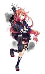 Rule 34 | 10s, 1girl, rabbit hair ornament, crescent, crescent hair ornament, full body, hair ornament, hair ribbon, kantai collection, kusada souta, long sleeves, looking at viewer, neckerchief, official art, one eye closed, open mouth, orange hair, personification, pleated skirt, ribbon, school uniform, skirt, solo, torn clothes, transparent background, uzuki (kancolle), white background, wince