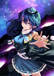 Rule 34 | 1girl, :d, blue dress, blue hair, blue hat, dress, frilled dress, frills, hat, highres, iizunamaru megumu, long hair, looking at viewer, night, night sky, nomayo, open mouth, pointy ears, pom pom (cheerleading), pom pom (clothes), reaching, reaching towards viewer, red eyes, ribbon trim, scenery, shooting star, sky, smile, solo, star (sky), starry sky, tokin hat, touhou