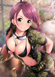 Rule 34 | 1girl, bad id, bad twitter id, barrel, belt, bikini, bikini top only, black bikini, blush, breasts, brown hair, camouflage, center opening, cleavage, collarbone, dog tags, fence, garana, gloves, goggles, goggles around neck, green eyes, green gloves, gun, hand on own hip, hip focus, idolmaster, idolmaster cinderella girls, large breasts, lens flare, light particles, long hair, looking at viewer, military, military uniform, navel, outdoors, ponytail, pouch, rifle, scrunchie, smile, solo, sparkle, sunlight, swept bangs, swimsuit, uniform, weapon, yamato aki