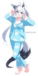 Rule 34 | 1girl, absurdres, ahoge, alternate costume, animal ear fluff, animal ears, animal print, barefoot, blue eyes, blue pajamas, blue pants, blue shirt, blush, braid, commentary request, double fox shadow puppet, earrings, fox ears, fox girl, fox print, fox shadow puppet, fox tail, full body, hands up, highres, hololive, jewelry, long hair, low ponytail, murasame (sword of nmkr), pajamas, pants, shirakami fubuki, shirt, side braid, sidelocks, simple background, single earring, solo, tail, twitter username, virtual youtuber, white background, white hair