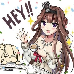 Rule 34 | 10s, 2girls, :&lt;, :d, artist name, blush, breasts, brown hair, chibi, chibi inset, cleavage, closed mouth, collarbone, commentary request, cosplay, crown, cup, double bun, dress, english text, eyebrows, hair between eyes, hairband, highres, holding, jewelry, jitome, kantai collection, kongou (kancolle), large breasts, long hair, long sleeves, looking at viewer, mini crown, multiple girls, necklace, off-shoulder dress, off shoulder, open mouth, partially colored, purple eyes, saucer, simple background, smile, sparkle, tea, teacup, the-sinner, warspite (kancolle), warspite (kancolle) (cosplay), waving, white background, white dress
