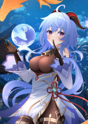 Rule 34 | 1girl, absurdres, ahoge, bare shoulders, bell, black gloves, blue hair, blush, bodysuit, bow, breasts, chinese clothes, closed mouth, cowbell, cryokinesis, curled horns, detached sleeves, ekidona, eyelashes, finger to mouth, fireworks, fish, floating hair, flower knot, ganyu (genshin impact), genshin impact, gloves, goat horns, gold trim, hand up, highres, horns, index finger raised, large breasts, light blue hair, long hair, neck bell, night, night sky, outdoors, pelvic curtain, purple eyes, sky, smile, solo, tassel, thighlet, very long hair, vision (genshin impact), waist bow
