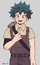 Rule 34 | 1boy, :d, absurdres, arm at side, belt, blue eyes, boku no hero academia, brown shirt, collared shirt, commentary request, cowboy shot, freckles, green eyes, green hair, grey background, hand up, highres, looking at viewer, male focus, messy hair, midoriya izuku, modo (modo s2), open mouth, overalls, pants, scar, scar on hand, shirt, short hair, short sleeves, simple background, smile, solo, teeth, twitter username, upper teeth only