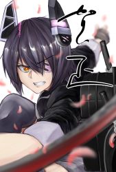 Rule 34 | 1girl, black gloves, blurry, clenched teeth, commentary request, depth of field, eyepatch, fingerless gloves, foreshortening, gloves, hair between eyes, headgear, highres, kantai collection, orange eyes, purple hair, school uniform, short hair, skirt, sleeves rolled up, solo, sword, tadd (tatd), teeth, tenryuu (kancolle), thighhighs, weapon, zettai ryouiki