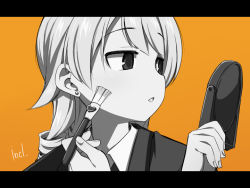 Rule 34 | 1girl, bad id, bad pixiv id, collared shirt, cosplay, cosplay request, earrings, formal, hands up, holding, idolmaster, idolmaster cinderella girls, jewelry, letterboxed, long hair, looking away, monochrome, morikubo nono, orange background, parted lips, ringlets, shirt, simple background, solo, stud earrings, suit, uccow