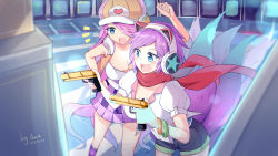 Rule 34 | 2girls, ahri (league of legends), alternate costume, amiemie, animal ears, arcade ahri, arcade miss fortune, bracelet, breasts, cleavage, collarbone, dated, fang, fox ears, fox tail, hair over one eye, headphones, highres, jewelry, large breasts, league of legends, long hair, midriff, mole, mole under eye, multiple girls, multiple tails, open mouth, purple hair, red scarf, miss fortune (league of legends), scarf, short hair, tail