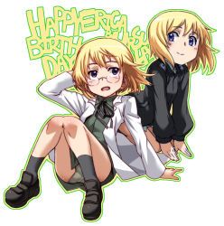 Rule 34 | 2girls, birthday, blonde hair, blue eyes, english text, erica hartmann, glasses, happy birthday, lab coat, military, military uniform, multiple girls, outline, panties, ribbon, short hair, siblings, sisters, smile, strike witches, strike witches: suomus misfits squadron, tabigarasu, twins, underwear, uniform, ursula hartmann, world witches series