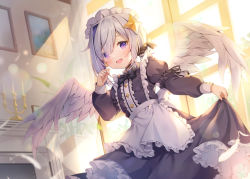 Rule 34 | 1girl, absurdres, alternate costume, amane kanata, angel wings, apron, asymmetrical hair, backlighting, black choker, black dress, black scrunchie, blush, candelabra, candlestand, center frills, choker, commentary, curtains, curtsey, dress, enmaided, eyes visible through hair, falling feathers, feathered wings, feathers, fireplace, frilled apron, frills, hair ornament, hair over one eye, hair scrunchie, hanen (borry), highres, hololive, indoors, juliet sleeves, light particles, light rays, long sleeves, maid, maid headdress, open mouth, plant, potted plant, puffy long sleeves, puffy sleeves, purple eyes, scrunchie, short hair, sidelocks, silver hair, smile, solo, swept bangs, virtual youtuber, waist apron, white apron, window, wings