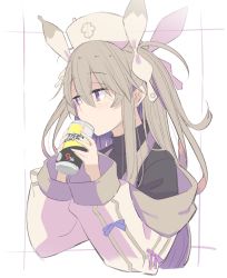 Rule 34 | 1girl, black shirt, can, commentary request, copyright request, drinking, grey hair, hair between eyes, hijirime laeria, holding, holding can, jacket, kichihachi, long hair, looking to the side, shirt, solo, turtleneck, upper body, virtual youtuber