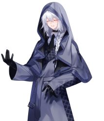 Rule 34 | 1boy, ^ ^, belt, black hair, black necktie, black ribbon, blouse, braid, choker, closed eyes, coat, collared shirt, facing viewer, frown, grey coat, grey hair, hair ribbon, hood, hood up, hooded coat, long hair, long sleeves, looking at viewer, male focus, necktie, original, outstretched hand, parted lips, ribbon, shirt, simple background, single braid, solo, upper body, waka (shark waka), white background, white hair, white shirt