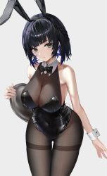 Rule 34 | 1girl, alternate costume, animal costume, animal ears, arm at side, bare arms, bare shoulders, black bodysuit, black bow, black bowtie, black leotard, blue hair, blunt bangs, blush, bodystocking, bodysuit, bodysuit under clothes, bow, bowtie, braid, breasts, cleavage, closed mouth, collar, colored inner hair, cowboy shot, dark blue hair, detached collar, diagonal bangs, earrings, fake animal ears, genshin impact, glint, green eyes, grey background, hand up, highres, holding, holding tray, jewelry, large breasts, leaning forward, leotard, long hair, mole, mole on breast, multicolored hair, pantyhose, playboy bunny, rabbit, rabbit ears, raiya atelier, see-through, short hair, simple background, smile, solo, strapless, strapless leotard, thighband pantyhose, traditional bowtie, tray, two-tone hair, white collar, white wrist cuffs, wing collar, wrist cuffs, yelan (genshin impact)