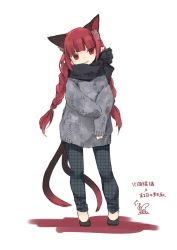 Rule 34 | 1girl, alternate costume, animal ear fluff, animal ears, black footwear, black scarf, blunt bangs, braid, casual, cat ears, cat tail, commentary request, contemporary, full body, grey pants, grey sweater, head tilt, highres, kaenbyou rin, long hair, long sleeves, looking at viewer, multiple tails, nekomata, pants, plaid, plaid pants, pointy ears, red eyes, red hair, scarf, shoes, signature, simple background, sleeves past wrists, smile, solo, standing, sweater, tail, touhou, toutenkou, translation request, twin braids, twintails, two tails, unmoving pattern, very long hair, white background