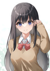 Rule 34 | 1girl, absurdres, black hair, blue eyes, bow, breasts, brown sweater, closed mouth, collared shirt, commentary request, dress shirt, hair behind ear, hair between eyes, tucking hair, hand up, highres, long hair, long sleeves, looking at viewer, medium breasts, original, red bow, school uniform, shirt, sleeves past wrists, smile, solo, sweater, tan (kiriya0752), upper body, very long hair, white shirt