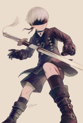 Rule 34 | 1boy, 9s (nier:automata), artist name, black gloves, blindfold, boots, buttons, choker, double-breasted, gloves, male focus, nier:automata, nier (series), noeyebrow (mauve), short hair, shorts, silver hair, simple background, solo, sword, weapon