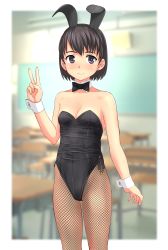 1girl absurdres animal_ears bare_shoulders black_bow black_bowtie black_eyes black_hair black_leotard blurry blurry_background border bow bowtie breasts classroom cleavage collarbone commentary_request cowboy_shot detached_collar fake_animal_ears female_focus fishnet_pantyhose fishnets highres leotard looking_at_viewer original outside_border pantyhose playboy_bunny rabbit_ears school short_hair small_breasts smile solo standing strapless strapless_leotard takafumi v white_border wrist_cuffs