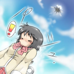Rule 34 | !, 1girl, android, answerer, armored core, black hair, blush, bow, bowtie, closed eyes, cloud, cloudy sky, crossover, day, dutch angle, from below, gaketsu, highres, mecha, nichijou, no nose, recon unit, red skirt, robot, school uniform, science fiction, shinonome nano, short hair, skirt, sky, solo, spoken exclamation mark, tokisadame school uniform, winding key